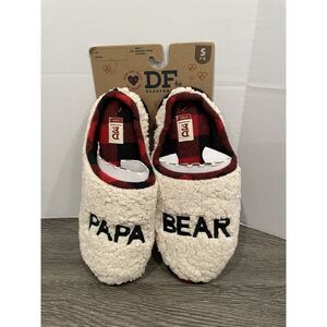 Dearfoams Papa Bear Slippers Size Small 7-8 Memory Foam Sherpa‎ Beige Red Plaid